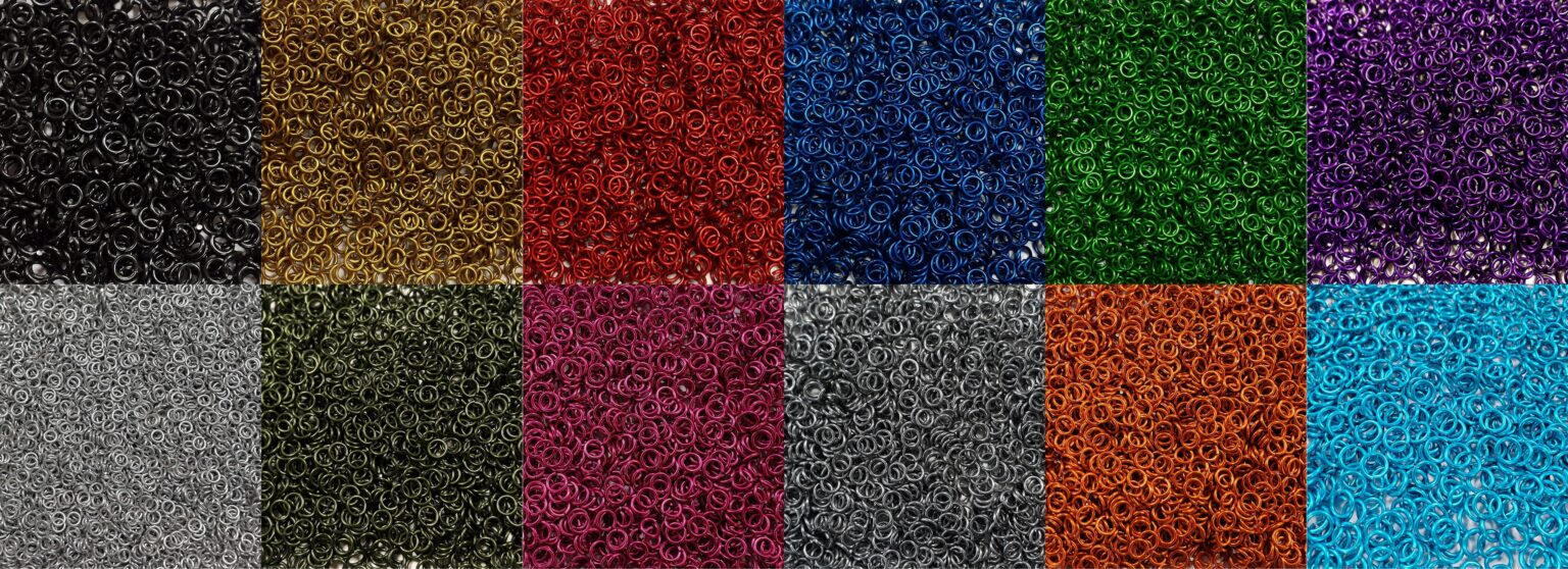 jumprings A grid showcasing ten colors of anodized aluminum jumprings.